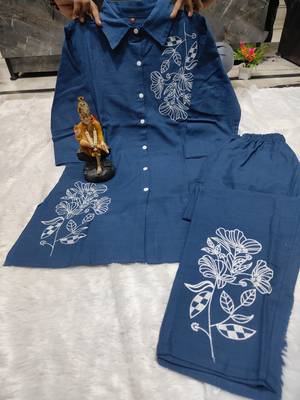 Floral embroidered cotton collar neck blue co-ord set 2