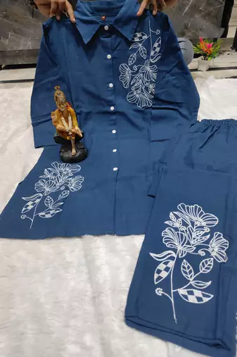 Floral embroidered cotton collar neck blue co-ord set