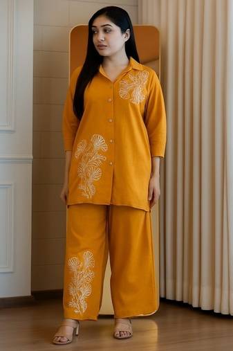 Floral embroidered cotton collar neck yellow co-ord set