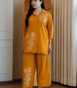 Floral embroidered cotton collar neck yellow co-ord set
