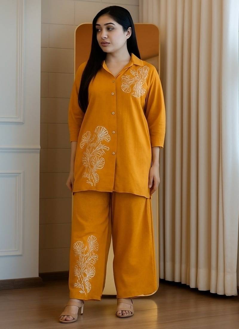 Floral embroidered cotton collar neck yellow co-ord set
