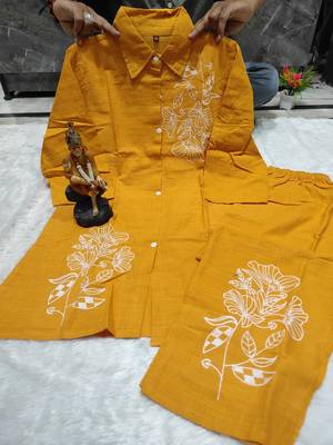 Floral embroidered cotton collar neck yellow co-ord set 2