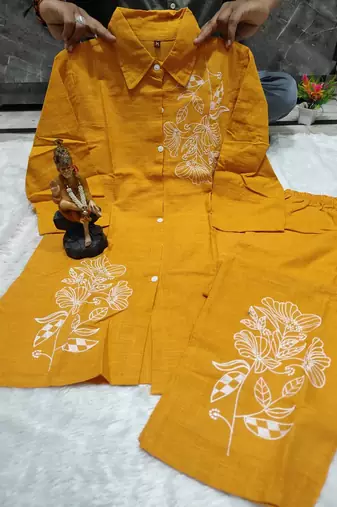 Floral embroidered cotton collar neck yellow co-ord set