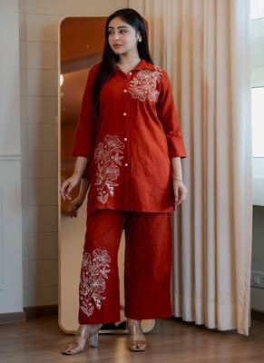 Floral embroidered cotton collar neck orange co-ord set 1