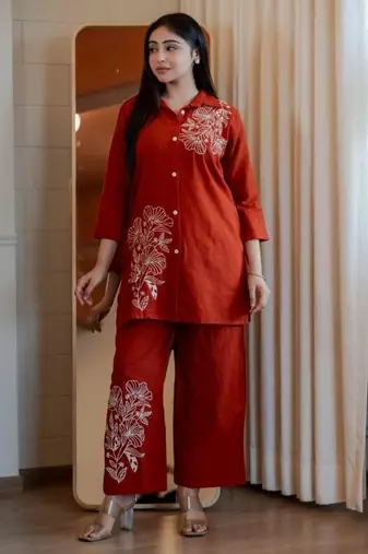 Floral embroidered cotton collar neck orange co-ord set