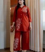 Floral embroidered cotton collar neck orange co-ord set