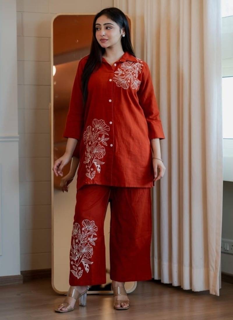 Floral embroidered cotton collar neck orange co-ord set