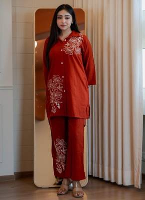 Floral embroidered cotton collar neck orange co-ord set 2