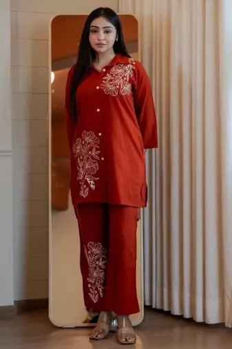 Floral embroidered cotton collar neck orange co-ord set