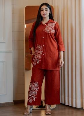 Floral embroidered cotton collar neck orange co-ord set 3
