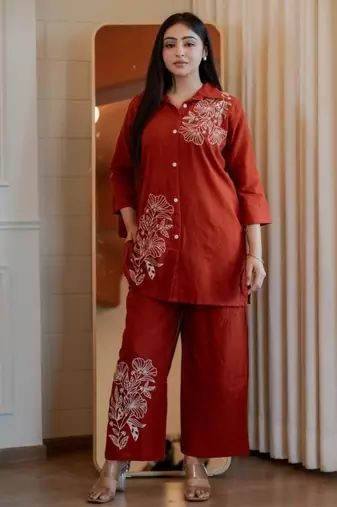 Floral embroidered cotton collar neck orange co-ord set