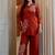 Floral embroidered cotton collar neck orange co-ord set