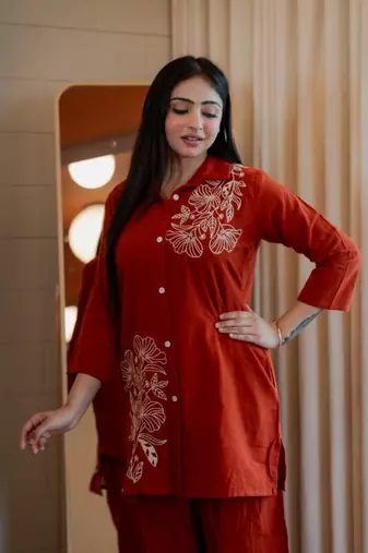 Floral embroidered cotton collar neck orange co-ord set