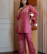 Floral embroidered cotton collar neck peach co-ord set