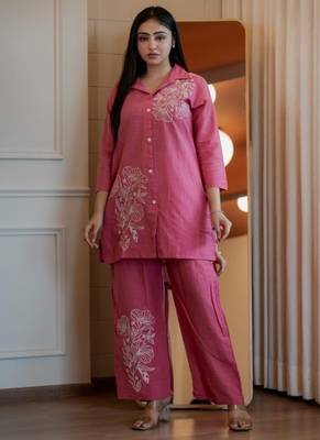Floral embroidered cotton collar neck peach co-ord set 2