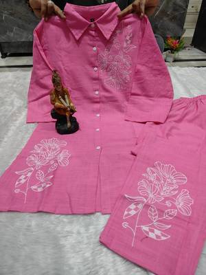 Floral embroidered cotton collar neck peach co-ord set 4
