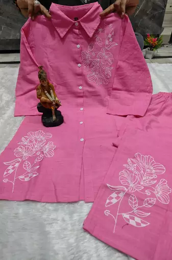 Floral embroidered cotton collar neck peach co-ord set