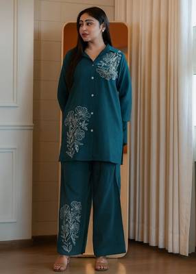 Floral embroidered cotton collar neck green co-ord set 1
