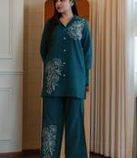 Floral embroidered cotton collar neck green co-ord set