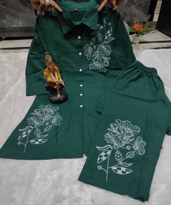 Floral embroidered cotton collar neck green co-ord set 2