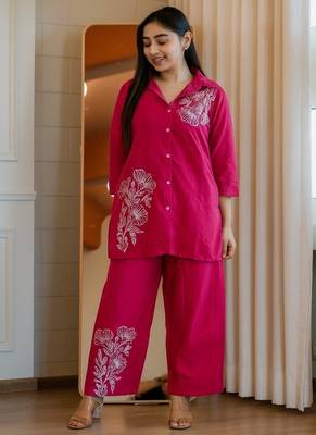 Floral embroidered cotton collar neck pink co-ord set 1