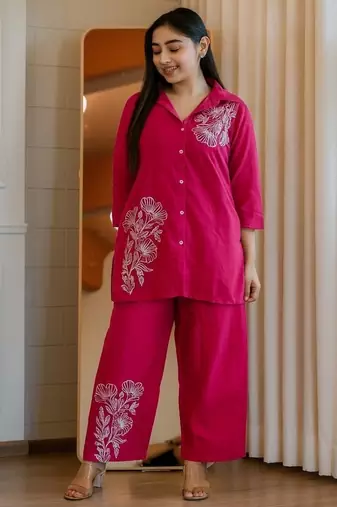 Floral embroidered cotton collar neck pink co-ord set