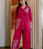 Floral embroidered cotton collar neck pink co-ord set