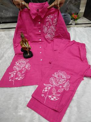 Floral embroidered cotton collar neck pink co-ord set 2