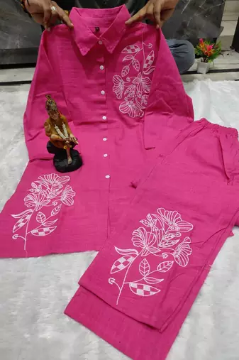 Floral embroidered cotton collar neck pink co-ord set