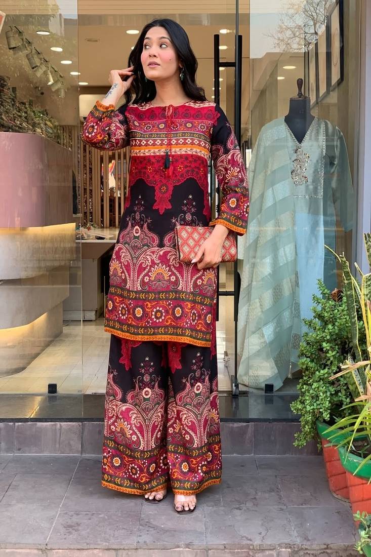 Floral printed cotton round neck multicolor co-ord set