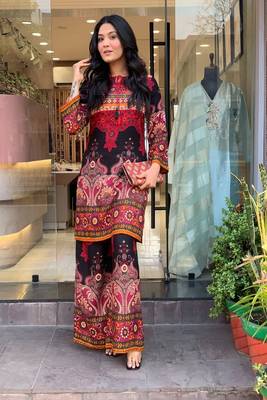 Floral printed cotton round neck multicolor co-ord set 2