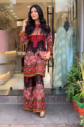 Floral printed cotton round neck multicolor co-ord set