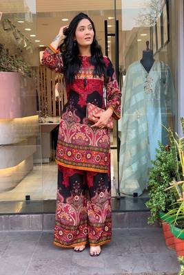 Floral printed cotton round neck multicolor co-ord set 3
