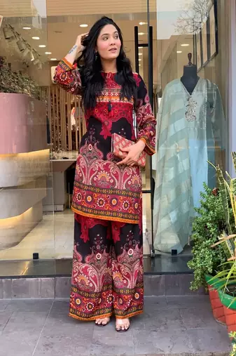 Floral printed cotton round neck multicolor co-ord set