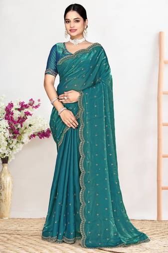 Teal green sequin embellished work two tone satin silk saree 