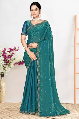 Teal green sequin embellished work two tone satin silk saree 