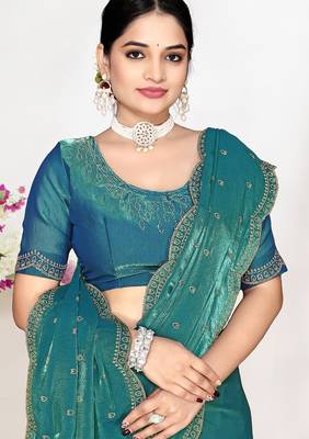 Teal green sequin embellished work two tone satin silk saree  2