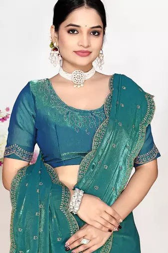 Teal green sequin embellished work two tone satin silk saree 
