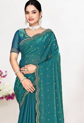 Teal green sequin embellished work two tone satin silk saree  3