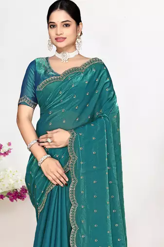 Teal green sequin embellished work two tone satin silk saree 