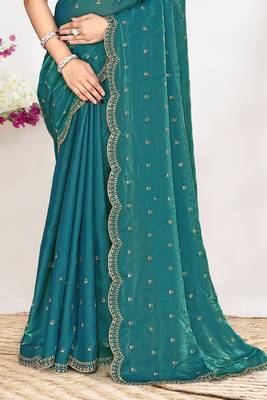 Teal green sequin embellished work two tone satin silk saree  4