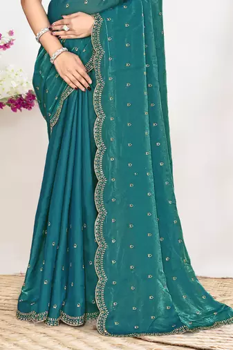 Teal green sequin embellished work two tone satin silk saree 