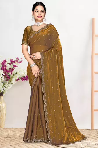 Brown sequin embellished work two tone satin silk saree