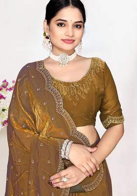 Brown sequin embellished work two tone satin silk saree 2