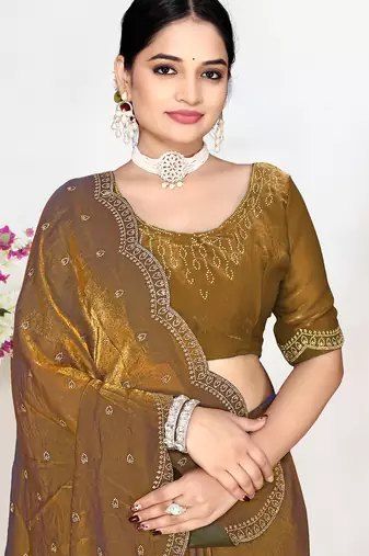 Brown sequin embellished work two tone satin silk saree
