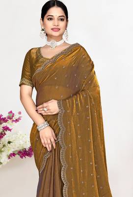 Brown sequin embellished work two tone satin silk saree 3