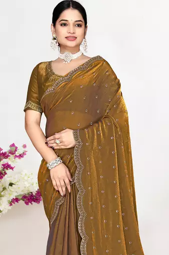 Brown sequin embellished work two tone satin silk saree
