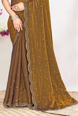 Brown sequin embellished work two tone satin silk saree 4