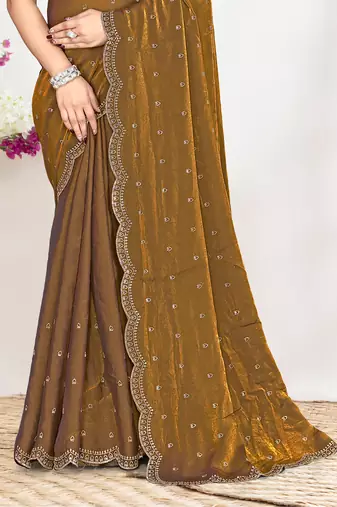 Brown sequin embellished work two tone satin silk saree