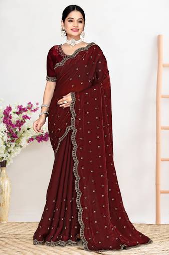 Maroon sequin embellished work two tone satin silk saree